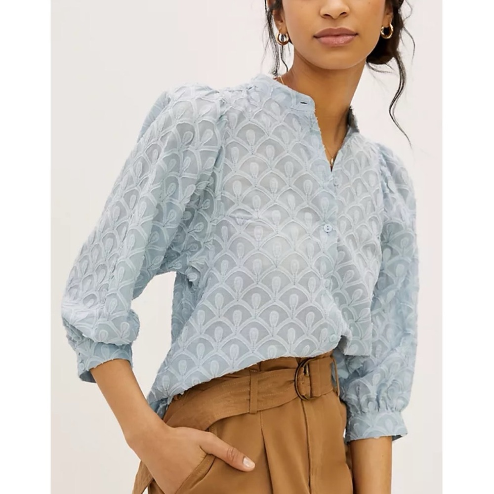 Anthropologie Pale Blue Eyelet Lace Button-Up Blouse